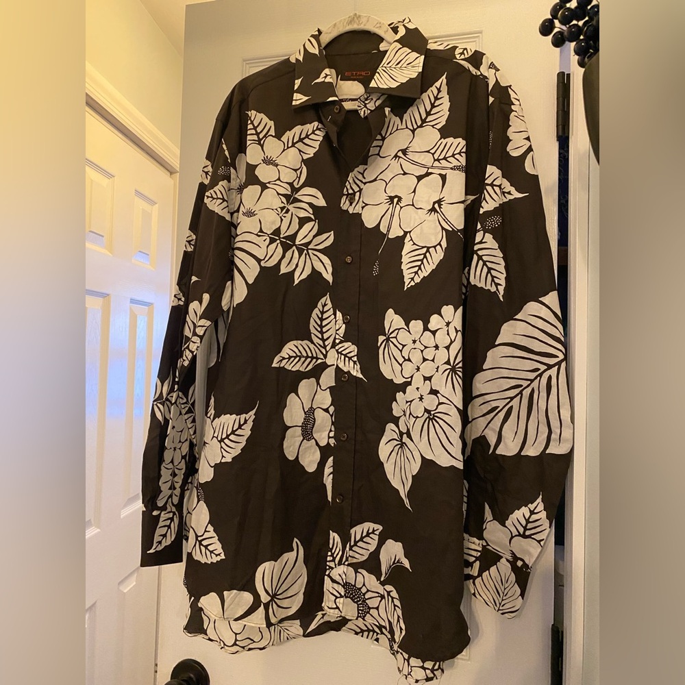 Etro Italy Size 46 Brown & White Tropical Floral Button Up Shirt Vacation Resort